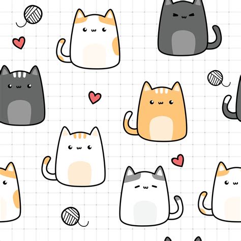 Cute chubby cat kitten cartoon doodle seamless pattern 2398967 Vector ...