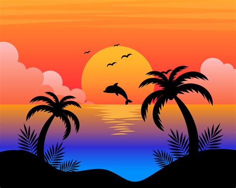 Beautiful Seascape With Dolphin And Palm Trees At Sunset Illustration