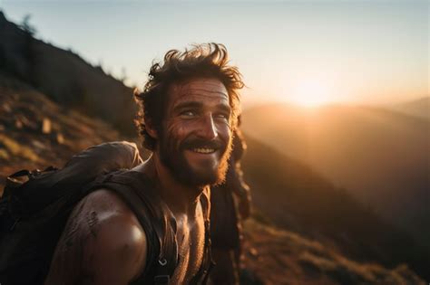 Premium Photo Happy Hiker With Backpack At Sunset On A Mountain Trail