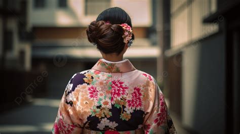 Pandangan Belakang Seorang Wanita Asia Mengenakan Kimono Tampak