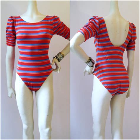 80s Aerobics Leotard Vintage Bodysuit Puffed Sleeve Striped