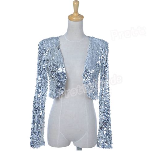 Women Sequins Hiphop Disco Dance Ball Long Sleeve Cropped Jacket Ebay