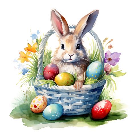 10 Bunny in Basket Clipart, Easter Basket JPG, Watercolor Clipart, High ...