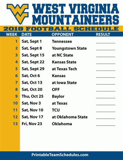 Wvu Football Schedule Printable Pdf Nita Krystalle