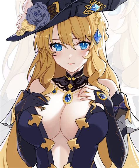 Blonde Blue Eyes Big Boobs Cleavage Long Hair Genshin Impact Artwork Navia Genshin