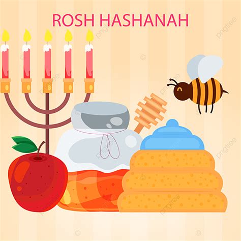 Rosh Hashanah Celebration Background Design With Honey Pot Bee Apple And Candles Honey Pot