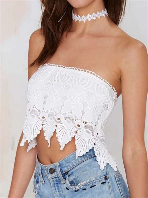 White Strapless Scalloped Hem Crop Top White Lace Shirt