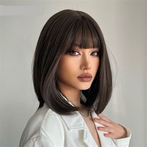 Dark Brown Short Bob WigsLC5056 | Medium hair styles, Short hair with
