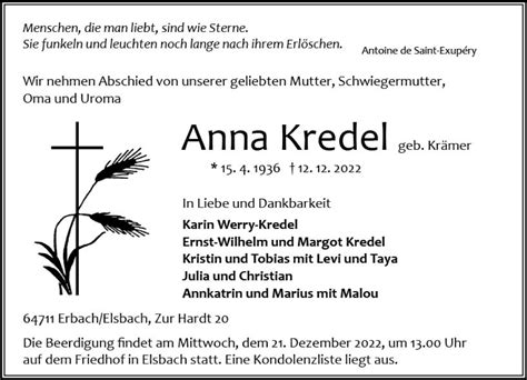 Traueranzeigen Von Anna Kredel Kr Mer Vrm Trauer De