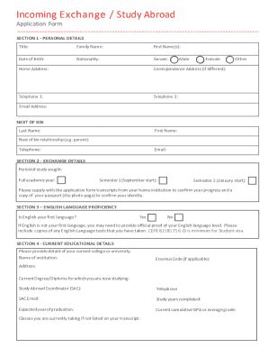 Fillable Online Incoming Exchange Study Abroad Application Form Fax