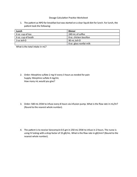 Dosage Calculation Practice Worksheet For Lunch The Patient Took The