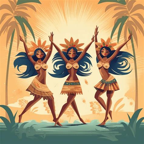 Premium Ai Image Three Women In Hula Skirts Dancing On A Beach With