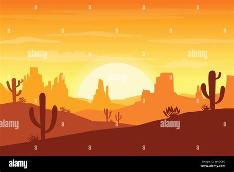 Paisaje Desértico Al Atardecer Con Cactus Y Colinas Siluetas De Fondo Ilustración Vectorial