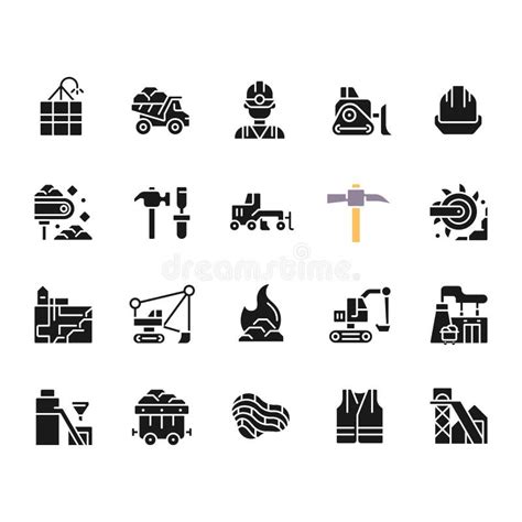 Coal Mining Black Glyph Icons Set On White Space Stock Vector