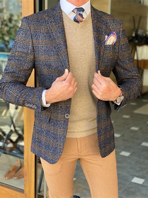 Blue Slim Fit Plaid Wool Blazer By GentWith Worldwide Shipping