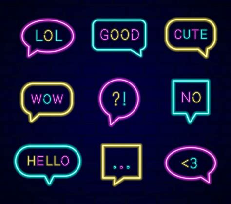 Neon Speech Bubbles Signs Neon Lettering Shiny Glowing Effect 90s