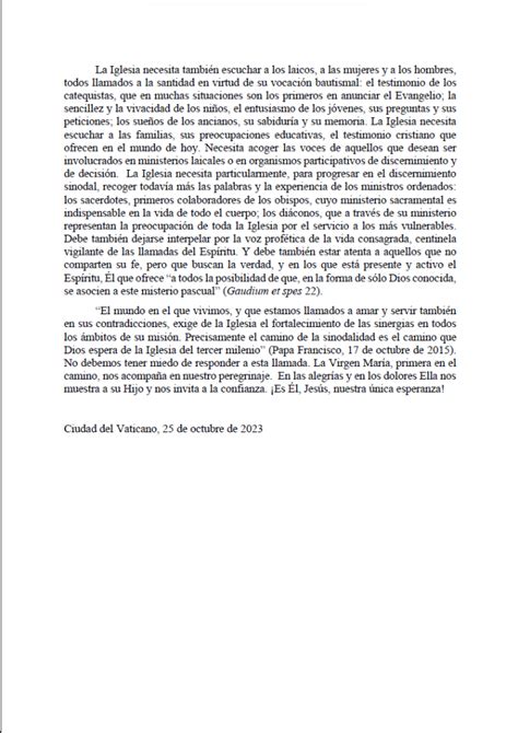 Carta XVI Asamblea General Ordinaria del sínodo de los Obispos al