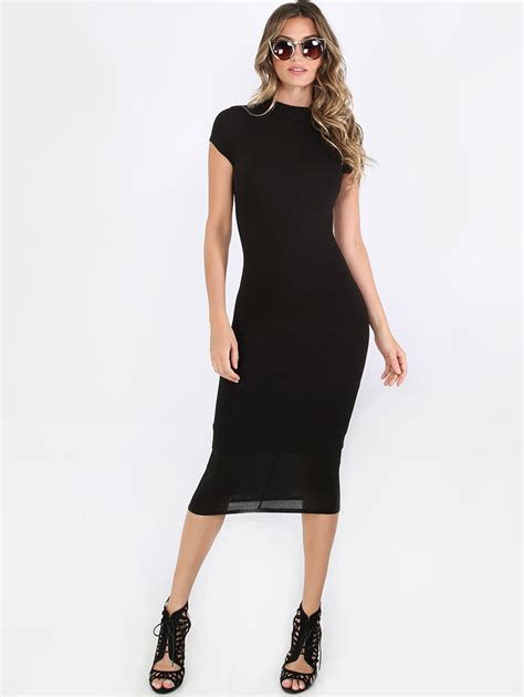 Black High Neck Short Sleeve Sheath Midi Dress Shein Sheinside