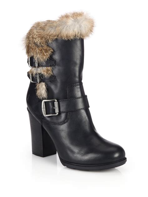 Lyst Frye Penny Leather And Rabbit Fur Buckled Booties In Black