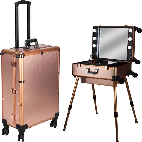 Rose Gold Professional Rolling Studio Makeup Case with Dimmable LED ...