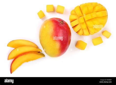 Mango Fruit And Half Isolated On White Background Close Up Top View