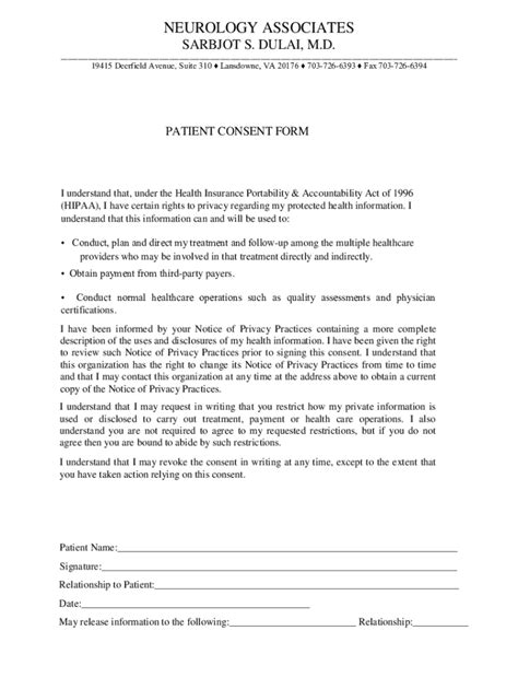 Fillable Online Neurology Associates Consent Form Fax Email Print