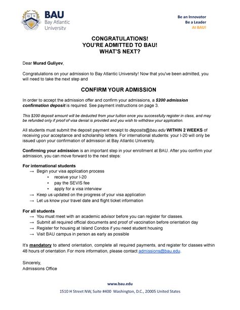 BAU Admission Confirmation Form Murad Guliyev Be A Leader At BAU