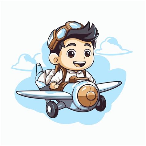 Cute Gar On Pilote Avec Avion Illustration Vectorielle Style Dessin