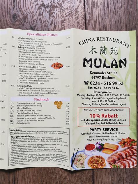 Speisekarte Von China Restaurant Mulan Bochum