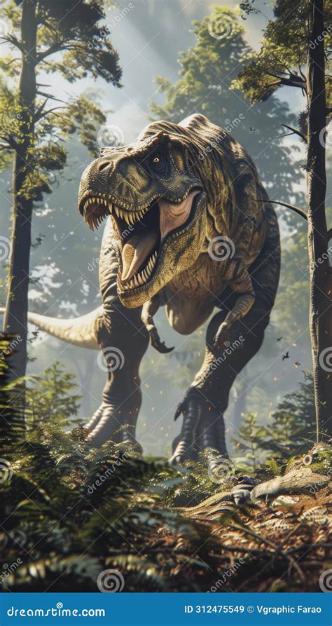 Tyrannosaurus Rex Roaring In A Prehistoric Forest Stock Illustration