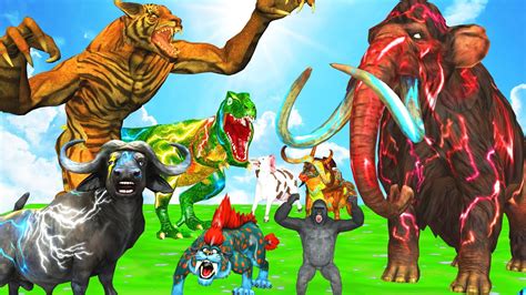 5 Mammoth Elephant Cow Gorilla Vs 5 Giant Tiger Wolf Dinosaur Fight