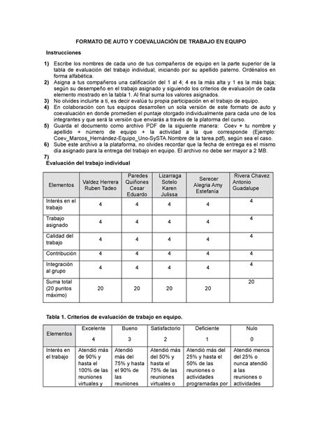 Coev Equipo Tardas Formato De Auto Y Coevaluaci N De Trabajo En