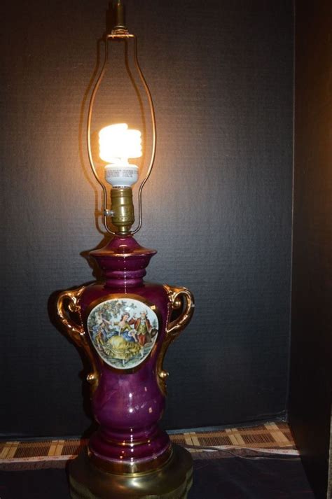 French Style Urn Vintage Lamp Porcelain Couple Courting Maroon W Brass Base Lamp Vintage