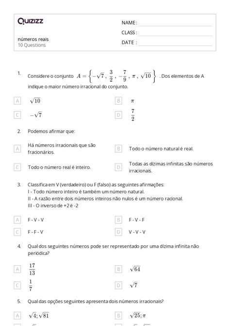 N Meros Irracionales Hojas De Trabajo Para Grado En Quizizz