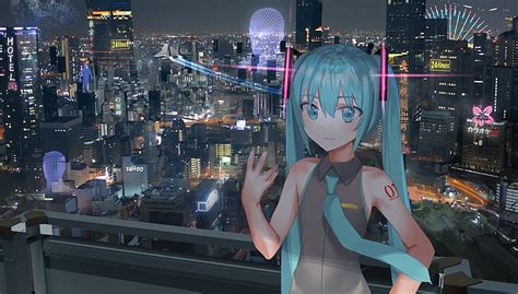 Vocaloid Hatsune Miku Paisaje Urbano Edificios Noche Aqua Hair