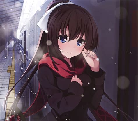 Anime Original Blue Eyes Blush Brown Hair Long Hair Scarf Smile