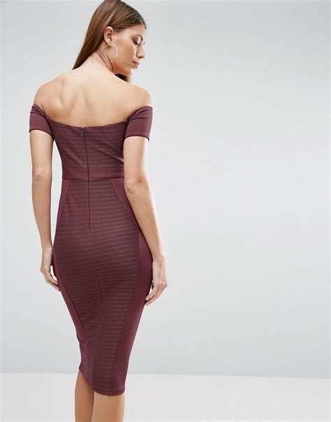 Asos Bandage Off The Shoulder Bardot Midi Bodycon Dress Purple Latest