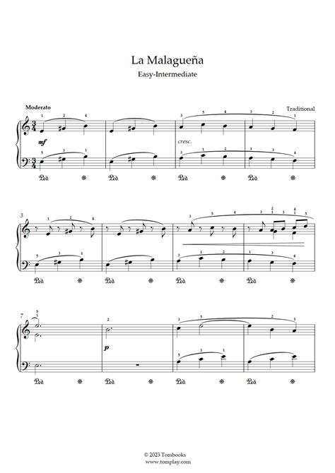 La Malagueña Easy Intermediate Level Solo Piano Traditional Piano Sheet Music