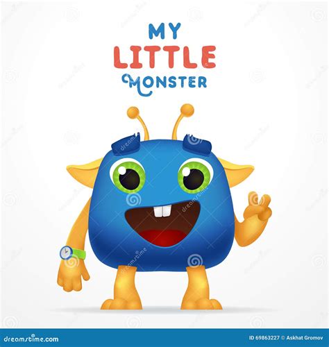 Funny Blue Cartoon Alien Invader. My Little Monster Typography. Cute Fluffy Character With Watch ...