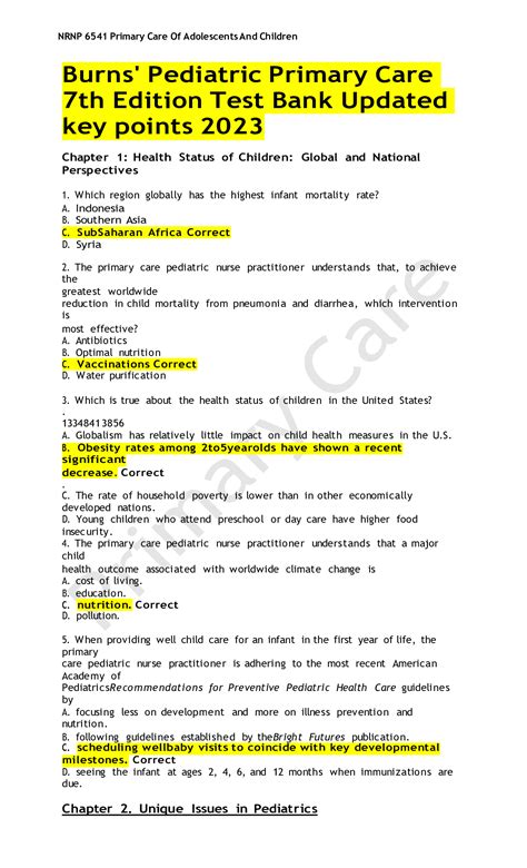 Burns Pediatric Primary Care 7th Edition Test Bank Updated Key Points