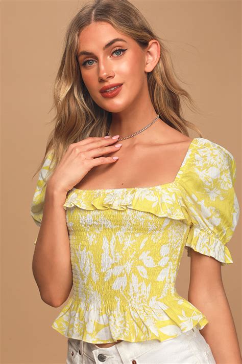 Cute Yellow Floral Print Top Smocked Top Puff Sleeve Top Lulus