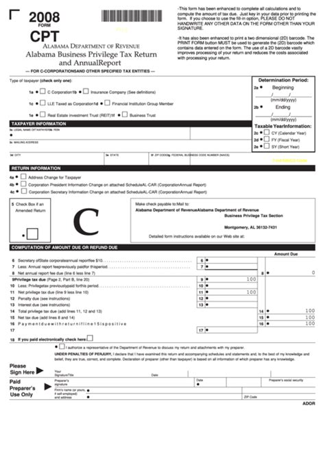 Fillable Form Cpt Alabama Business Privilege Tax Return And Annual