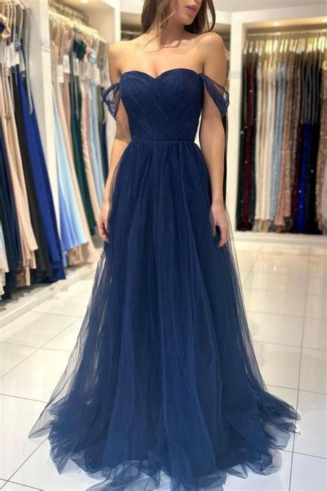 Dark Navy Long A Line Strapless Off The Shoulder Tulle Prom Dress