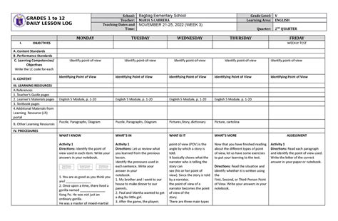 Dll English 5 Q2 W3 1 Dll Grades 1 To 12 Daily Lesson Log School