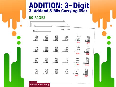 Addition 3 Digit 3 Addend Mix Carrying Over Math Add Numbers Problems