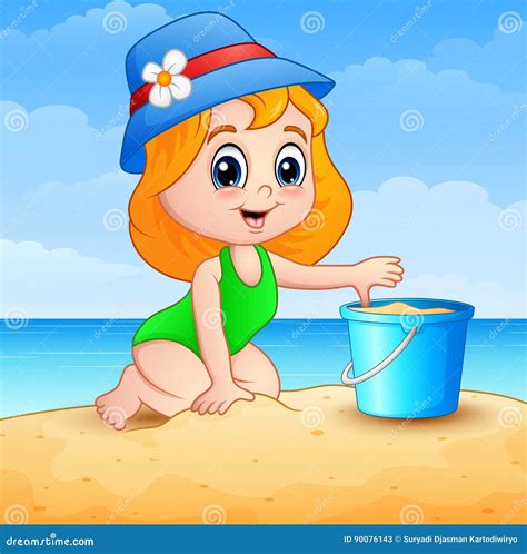 Fumetto Della Bambina Che Gioca Una Sabbia Sulla Spiaggia Illustrazione