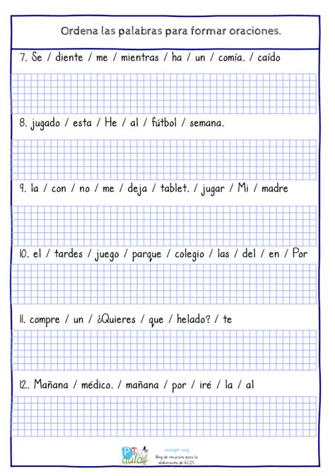 Ordena Las Palabras Para Formar Oraciones Aula PT