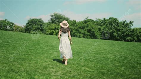 Summer Girl Beauty Running On The Lawn Back View Beautiful Artistic