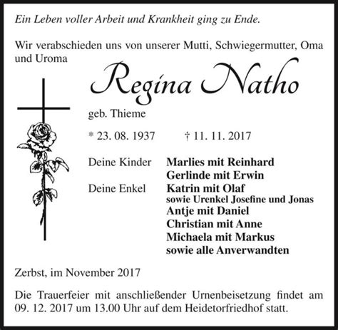 Traueranzeigen Von Regina Natho Geb Thieme Abschied Nehmen De