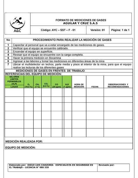 Formato De Mediciones De Gases Formato De Mediciones De Gases Aguilar